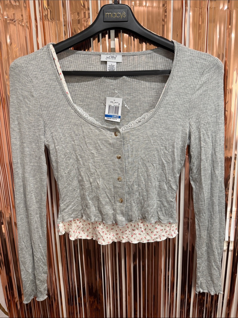 Striped Ribbed Henley Long-Sleeve Top with Floral Ruffle Hem - Light Gray NEW L